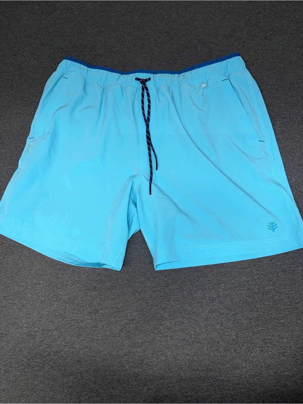Coolibar Light Blue Athletic Swim Shorts with Navy Drawstring